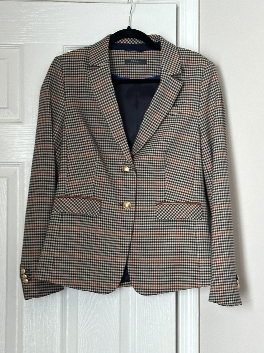 Esprit Checked Houndstooth Brown Black Blazer Equestrian Academia Size 8 Classic